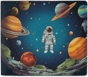 Outer Space Rocket Astronaut Bifold Wallet with ID Window, Leather Slim Wallet Easy Access Compact Purse for Men Women