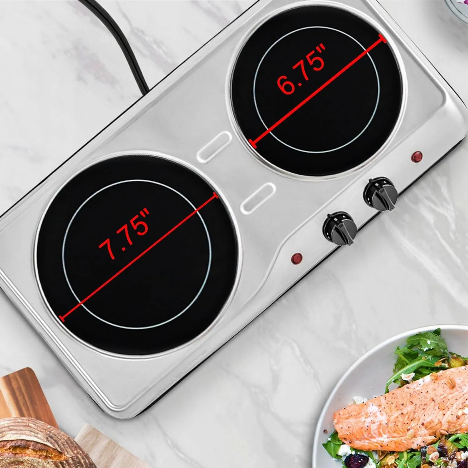 OVENTE Countertop Infrared Double Burner, 1700W Electric Hot Plate and Portable Stove with 7.75" and 6.75" Ceramic Glass Cooktop, 5 Level Temperature Setting and Easy to Clean Base, Silver BGI102S