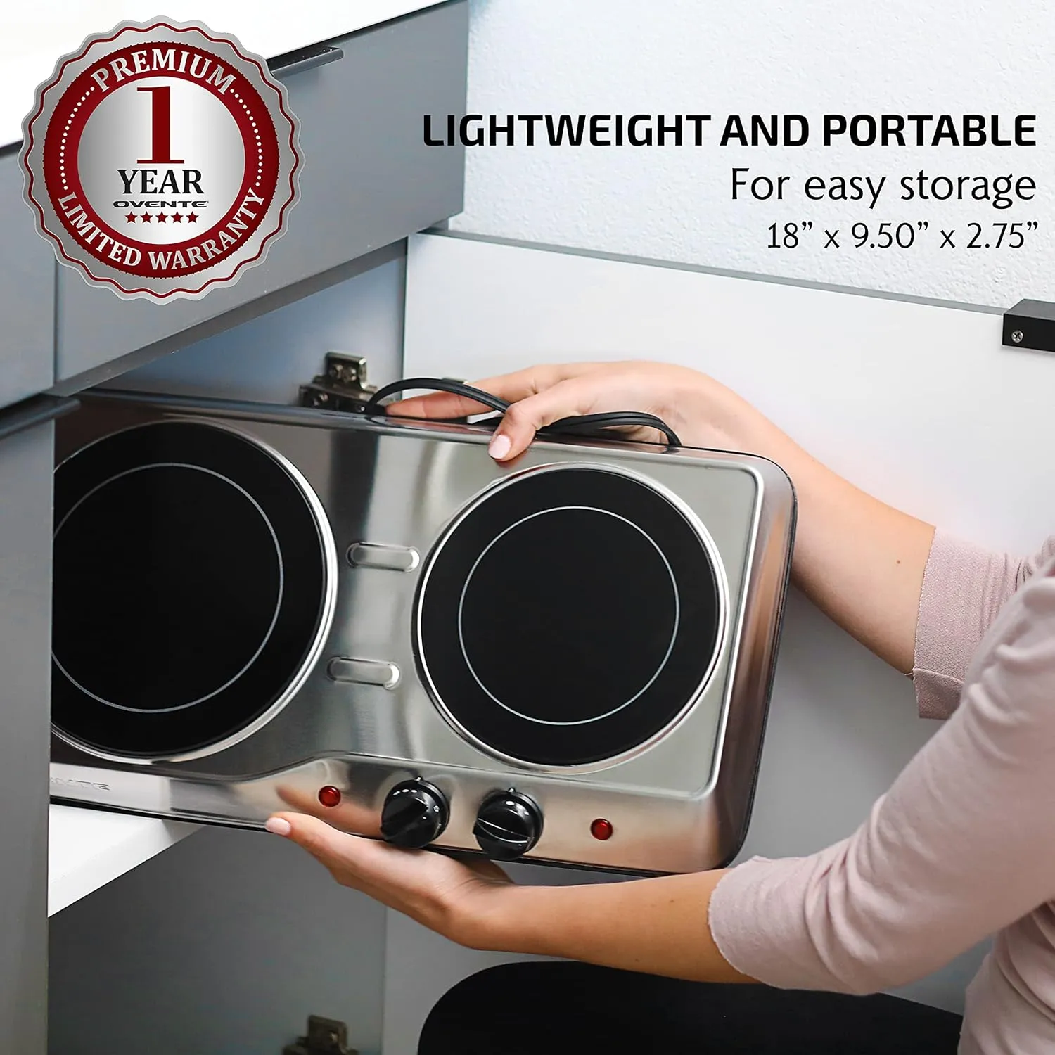 OVENTE Countertop Infrared Double Burner, 1700W Electric Hot Plate and Portable Stove with 7.75" and 6.75" Ceramic Glass Cooktop, 5 Level Temperature Setting and Easy to Clean Base, Silver BGI102S