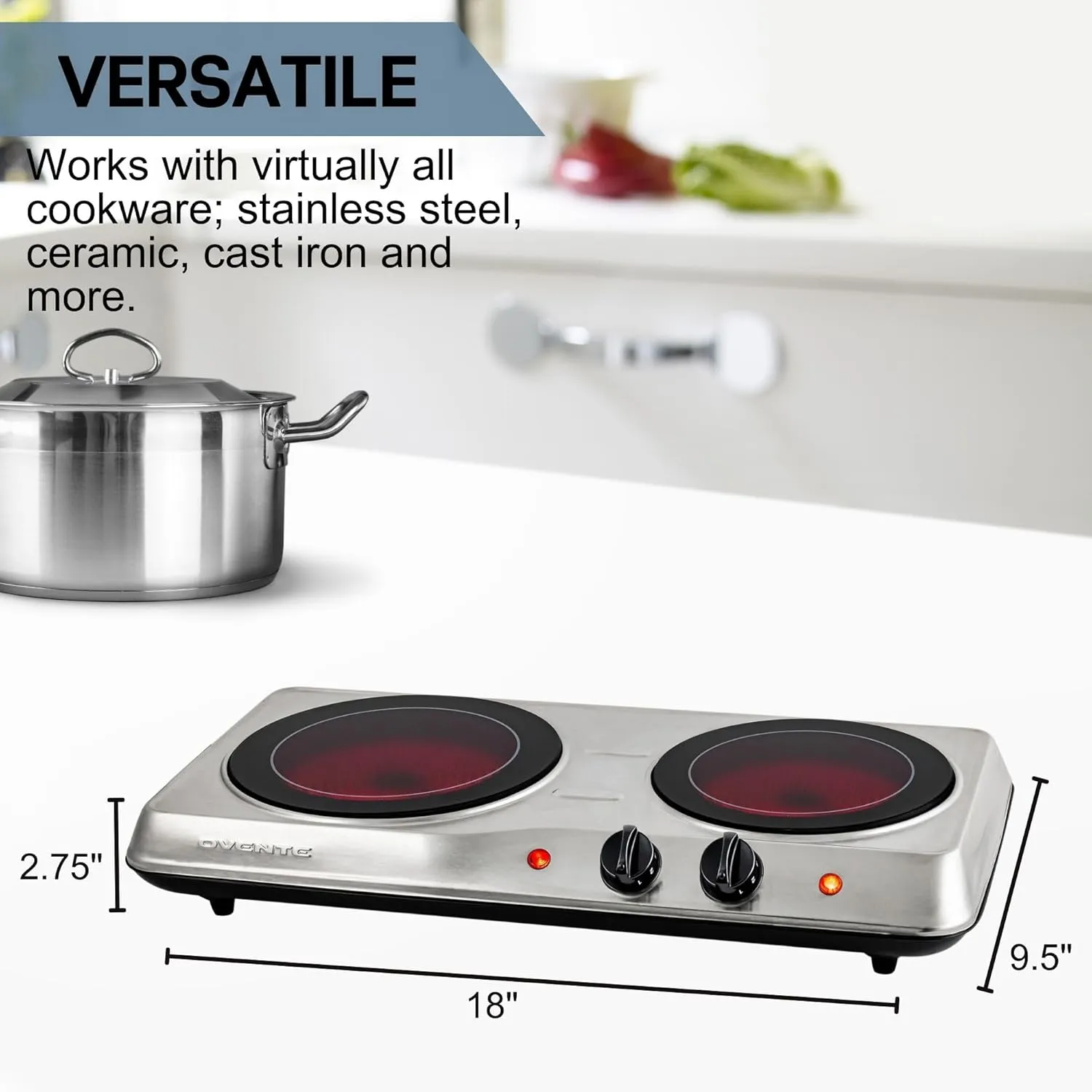 OVENTE Countertop Infrared Double Burner, 1700W Electric Hot Plate and Portable Stove with 7.75" and 6.75" Ceramic Glass Cooktop, 5 Level Temperature Setting and Easy to Clean Base, Silver BGI102S