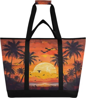 Palm Tree Beach Sea Reusable Insulated Cooler Bag with Ice Pack Compartment - Large 47L Waterproof Thermal Grocery Tote for Picnic Beach Camping Lunch Storage