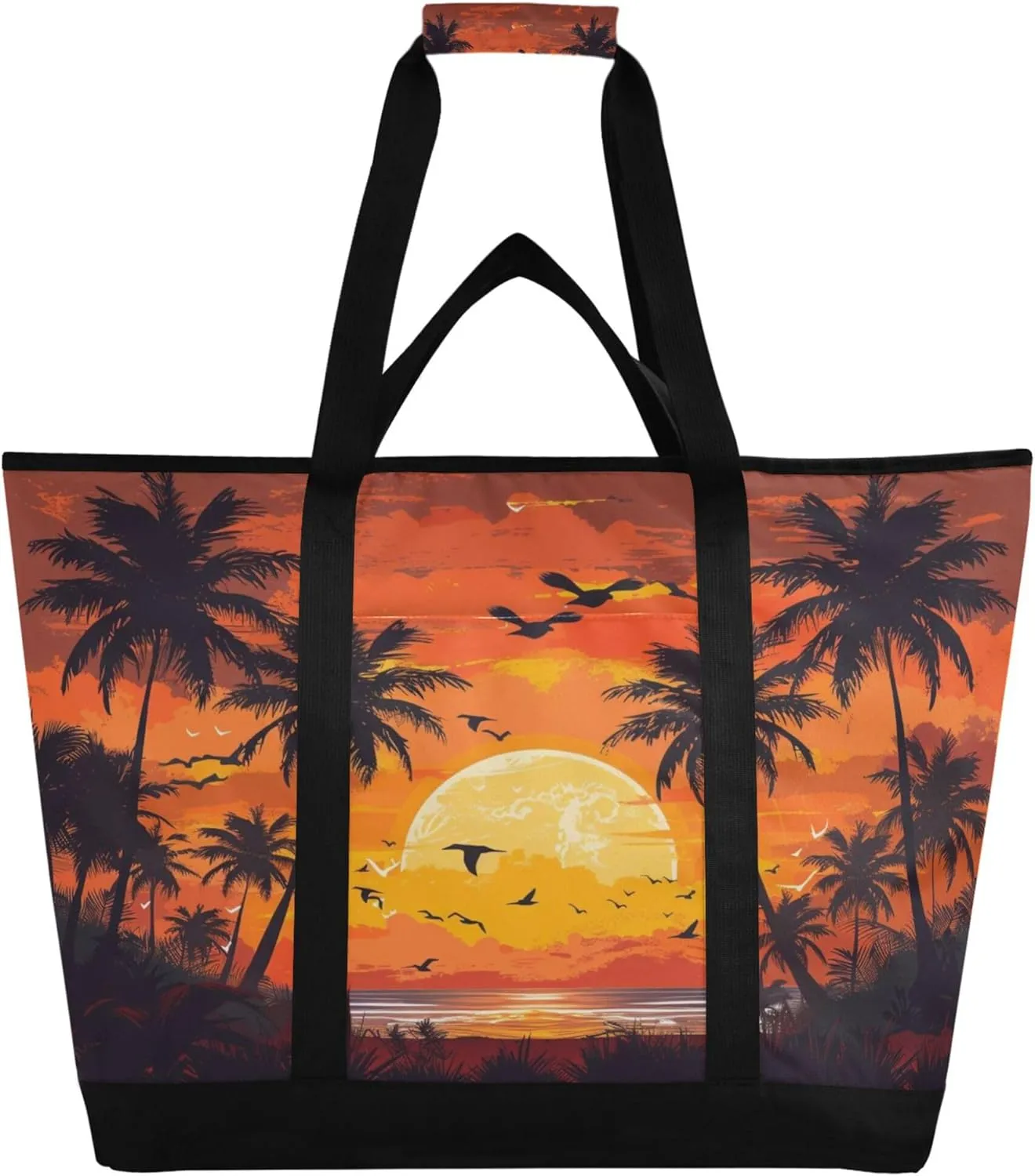 Palm Tree Beach Sea Reusable Insulated Cooler Bag with Ice Pack Compartment - Large 47L Waterproof Thermal Grocery Tote for Picnic Beach Camping Lunch Storage