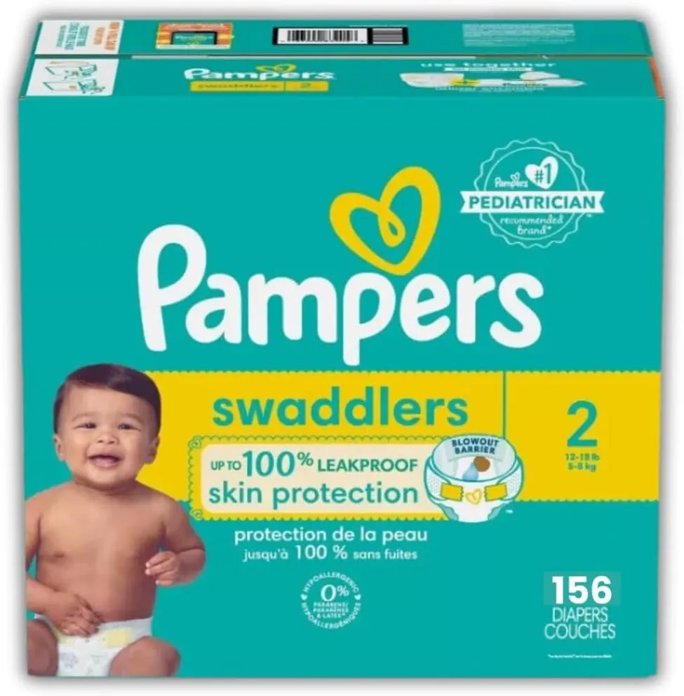 Pampers Swaddlers Diapers - Size 2, One Month Supply (156 Count), Soft Disposable Baby Diapers