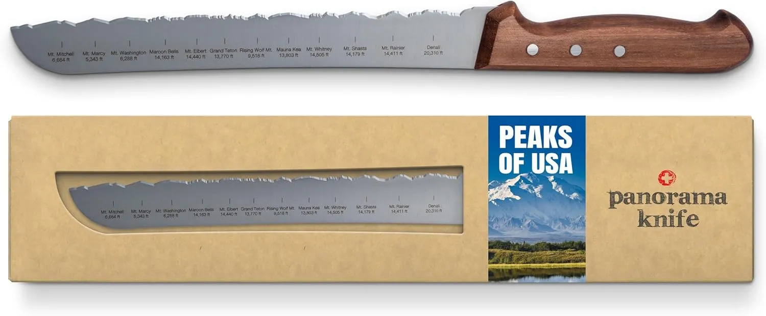 PanoramaKnife Bread Knife – Swiss Made – Peaks of USA – Mountain Ranges Resembled in Blade - Surgical Stainless Steel   Walnut Wood –– 13 in – Best Cooking Knife – Great Gift for Outdoor Enthusiasts