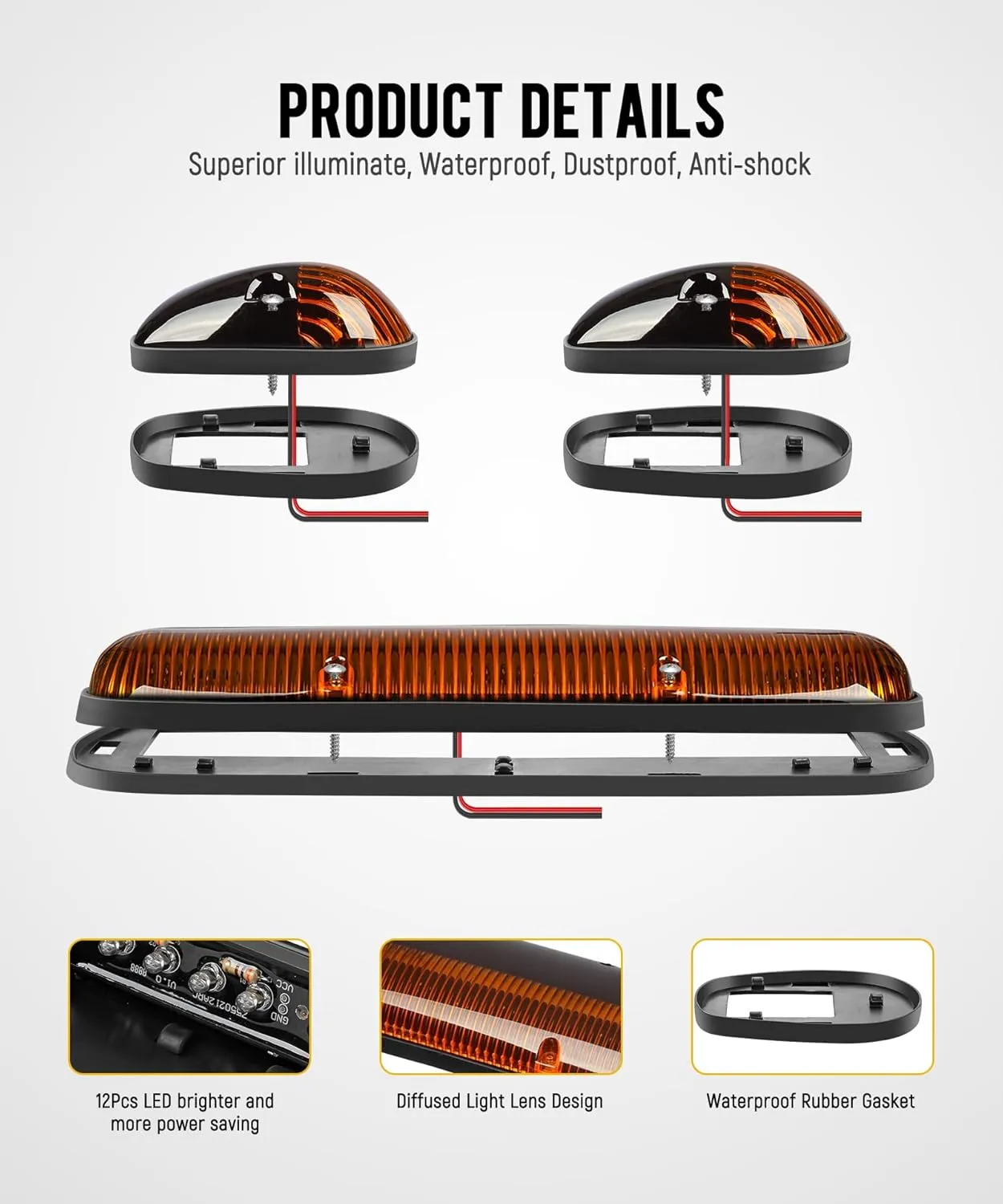 Partsam 3PCS Amber LED Cab Roof Marker Light Top Running Lights w/Wiring Compatible with Silverado/Sierra 1500 1500HD 2500 2500HD 3500 2002 2003 2004 2005 2006 2007 Pickup Trucks