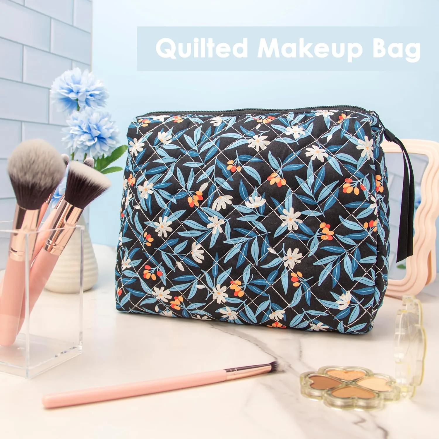 PAZIMIIK Cotton Makeup Bag for Women Large Quilted Travel Cosmetic Pouch Girls' Make Up Organizer,Leaf Black
