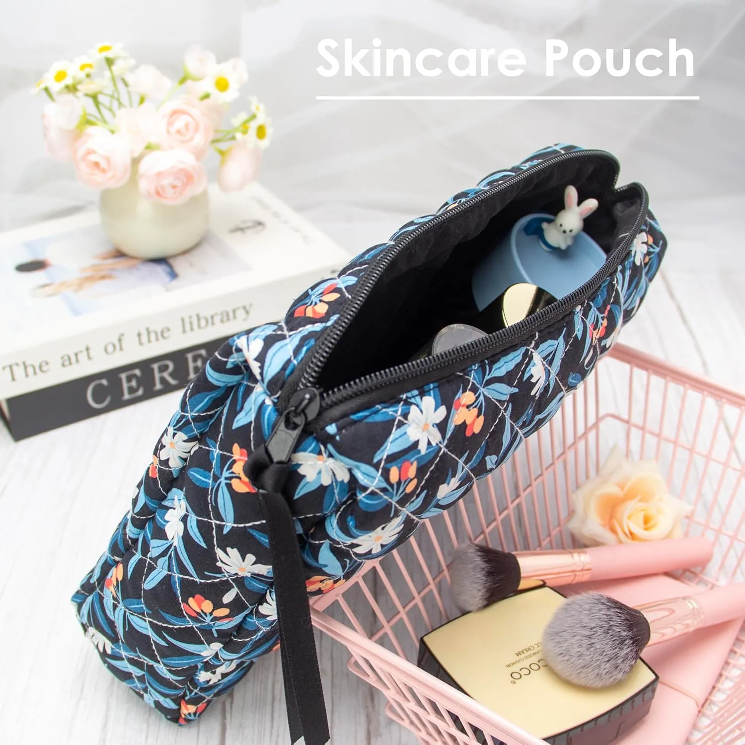 PAZIMIIK Cotton Makeup Bag for Women Large Quilted Travel Cosmetic Pouch Girls' Make Up Organizer,Leaf Black