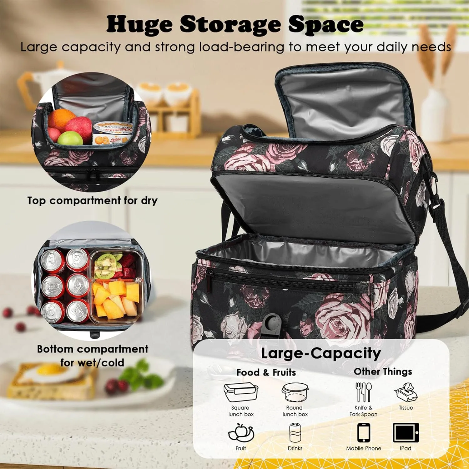 PBRO Double Deck Insulated Lunch Bag for Women,Large Reusable Lunch Box with Adjustable Shoulder Belt,Side Pockets,Cute Purple Floral Leakproof Lunch Tote Cooler Bag for Adult Picnic,Working -Purple