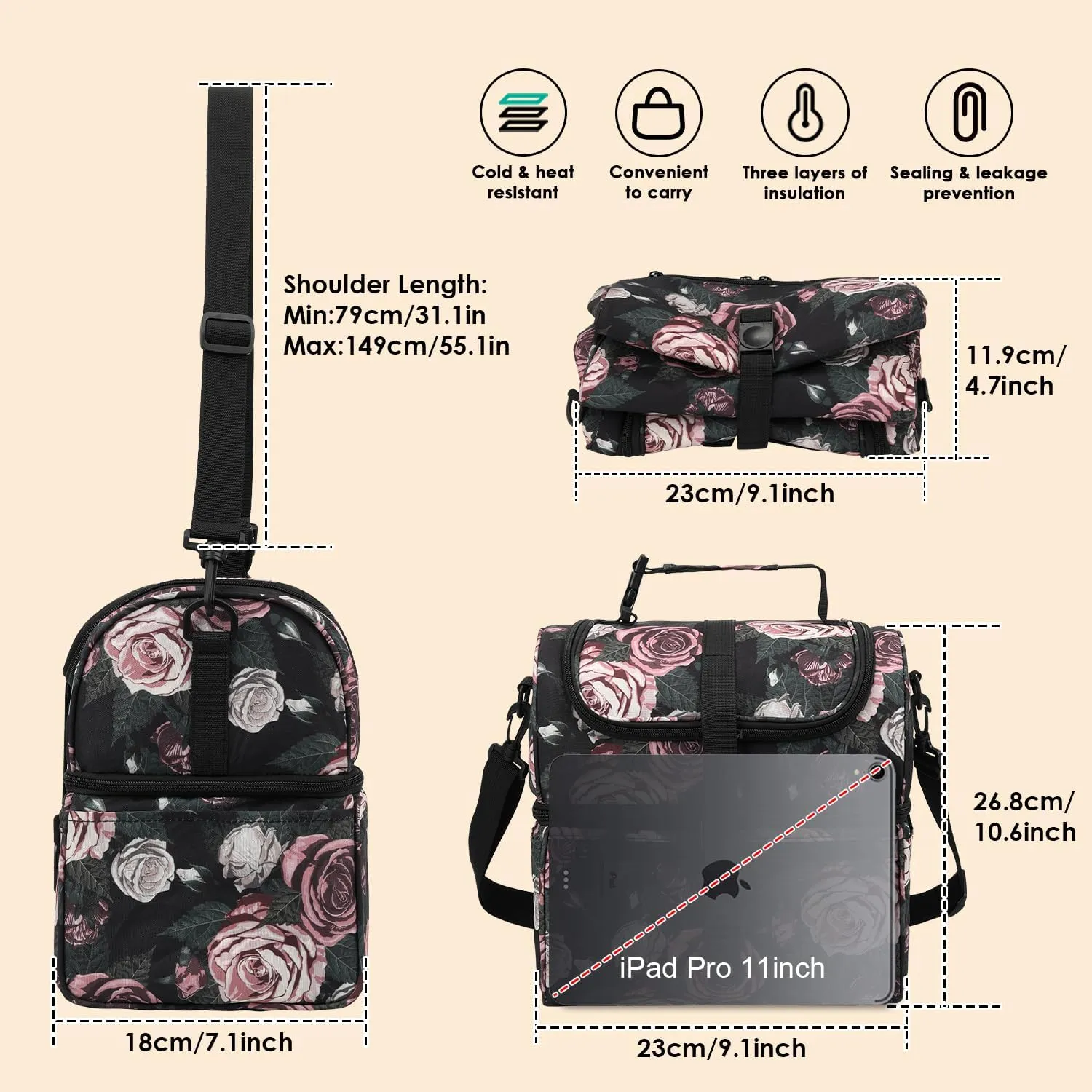 PBRO Double Deck Insulated Lunch Bag for Women,Large Reusable Lunch Box with Adjustable Shoulder Belt,Side Pockets,Cute Purple Floral Leakproof Lunch Tote Cooler Bag for Adult Picnic,Working -Purple