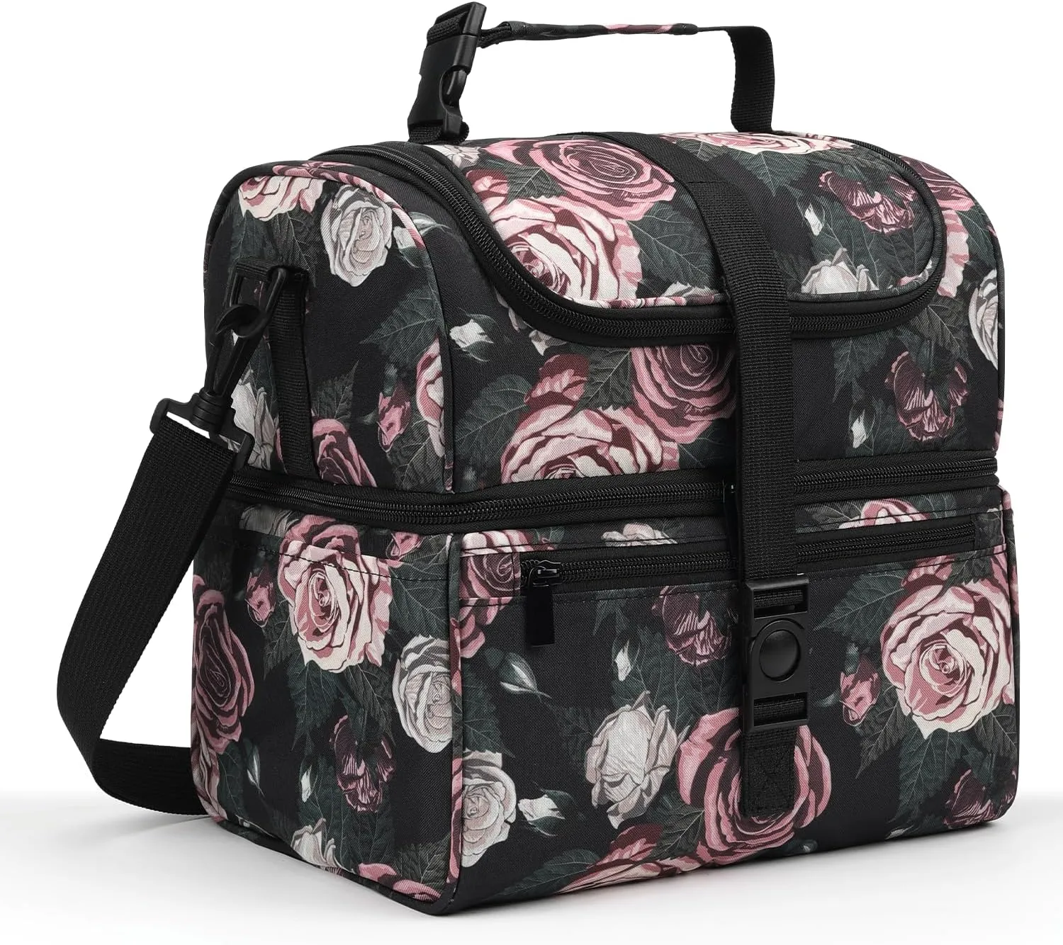 PBRO Double Deck Insulated Lunch Bag for Women,Large Reusable Lunch Box with Adjustable Shoulder Belt,Side Pockets,Cute Purple Floral Leakproof Lunch Tote Cooler Bag for Adult Picnic,Working -Purple