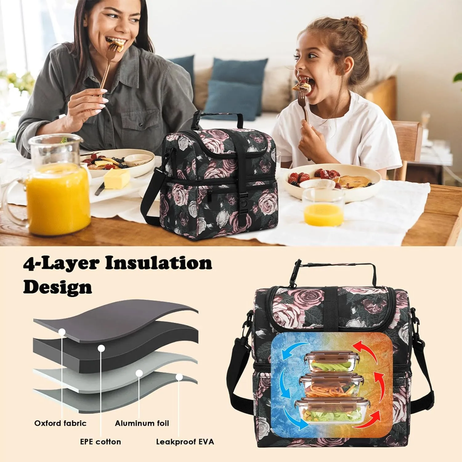PBRO Double Deck Insulated Lunch Bag for Women,Large Reusable Lunch Box with Adjustable Shoulder Belt,Side Pockets,Cute Purple Floral Leakproof Lunch Tote Cooler Bag for Adult Picnic,Working -Purple