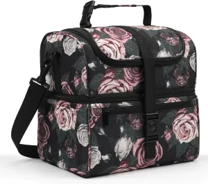 PBRO Double Deck Insulated Lunch Bag for Women,Large Reusable Lunch Box with Adjustable Shoulder Belt,Side Pockets,Cute Purple Floral Leakproof Lunch Tote Cooler Bag for Adult Picnic,Working -Purple