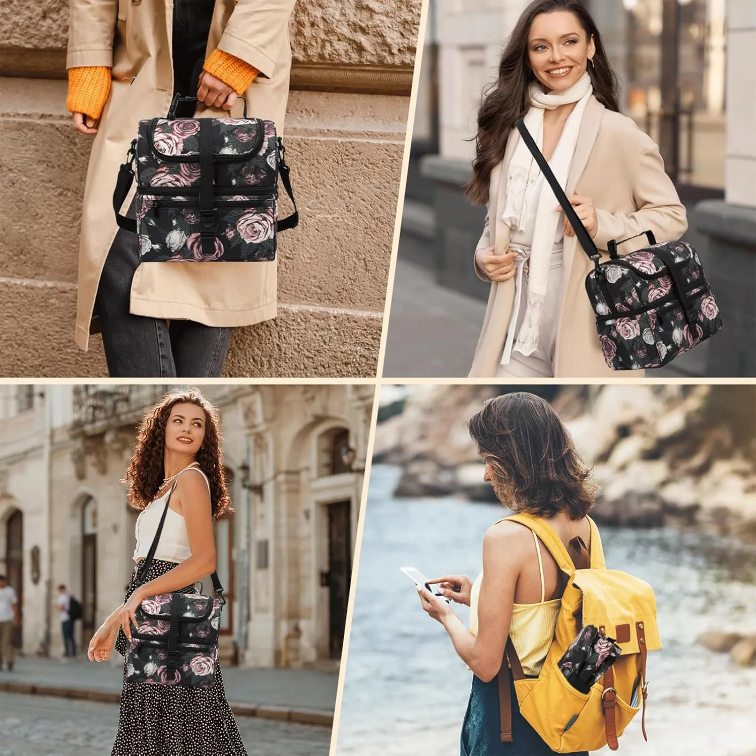 PBRO Double Deck Insulated Lunch Bag for Women,Large Reusable Lunch Box with Adjustable Shoulder Belt,Side Pockets,Cute Purple Floral Leakproof Lunch Tote Cooler Bag for Adult Picnic,Working -Purple