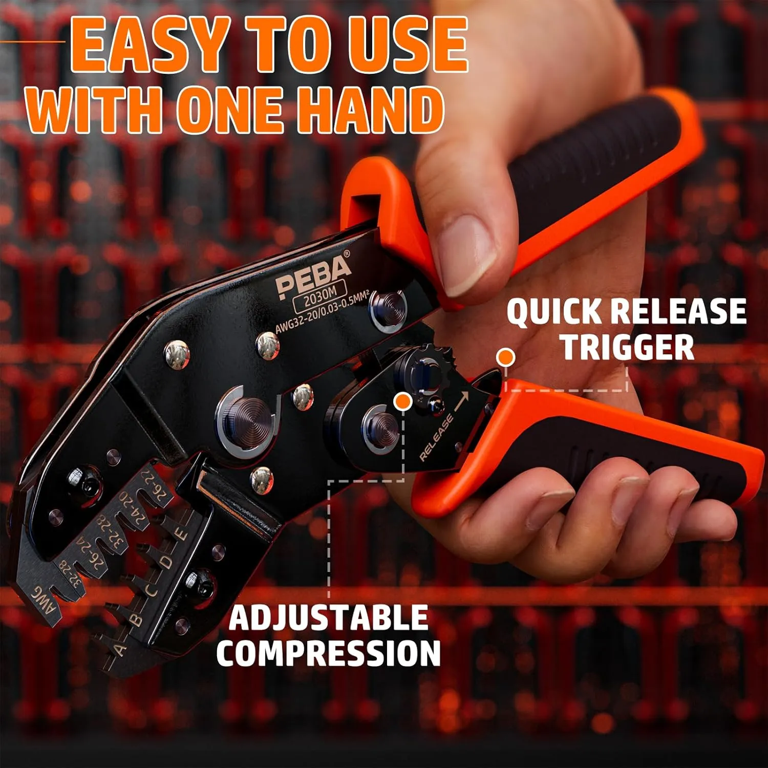 PEBA Micro Connector Pin Crimping Tool 0.03-0.5mm² 32-20AWG Ratcheting Crimper for 2.0mm, 2.5mm, 2.54mm, 3.0mm Pitch JST PH, Dupont, Open Barrel Connectors, D-Sub, suits Molex, JST, JAE