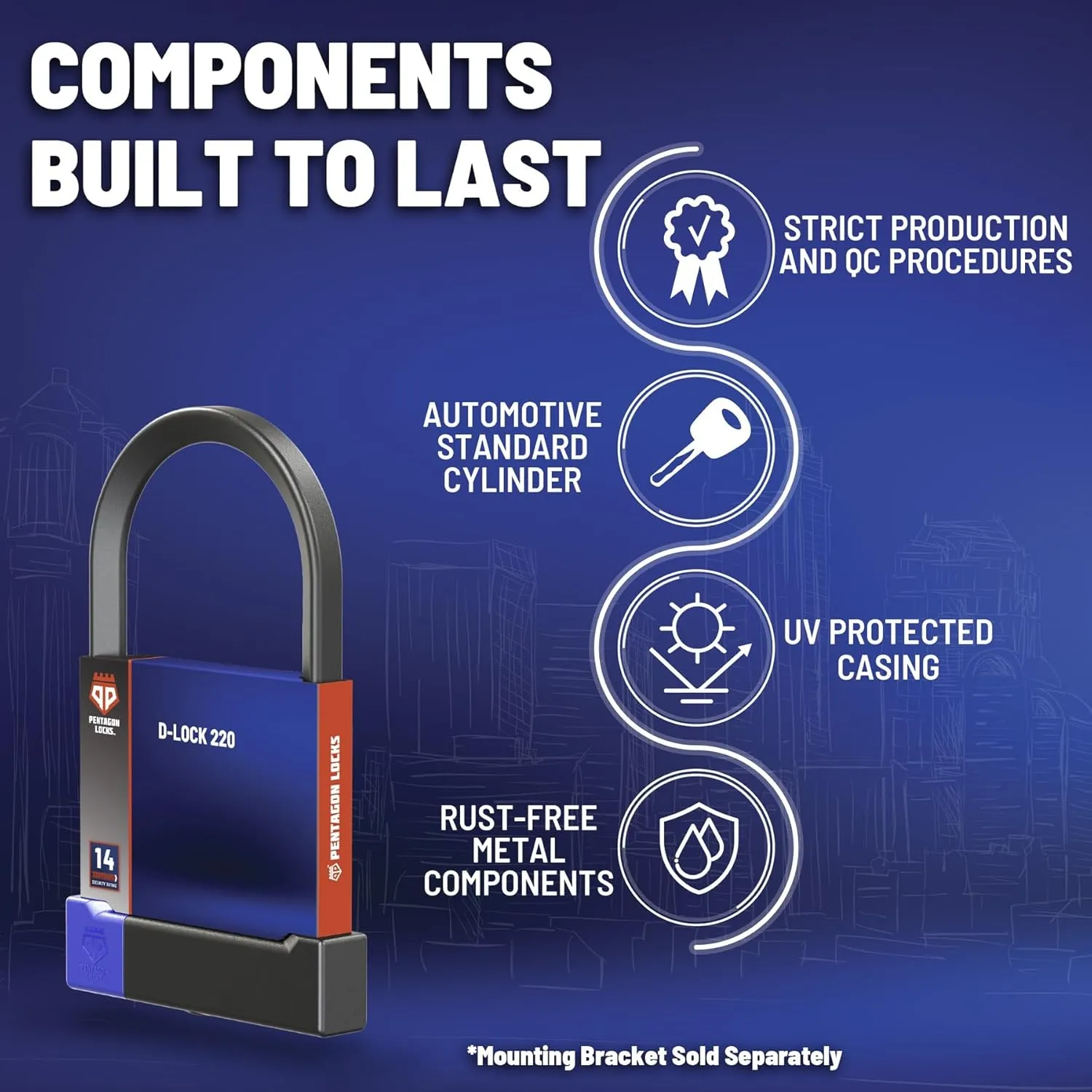 PENTAGON Bike U Lock - Patented Heavy Duty Anti Theft Bicycle ULock - Ultra Lightweight Sold Secure Gold Bike Security D Lock with Keys for Bikes Electric Bikes and Scooters