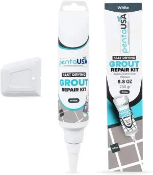 PentaUSA Tile Grout Repair Kit - White Grout Filler, Triple Protection, Fast Drying Formula Restores and Renews Grout Lines with Scraper (White, 8.8oz / 250gr)