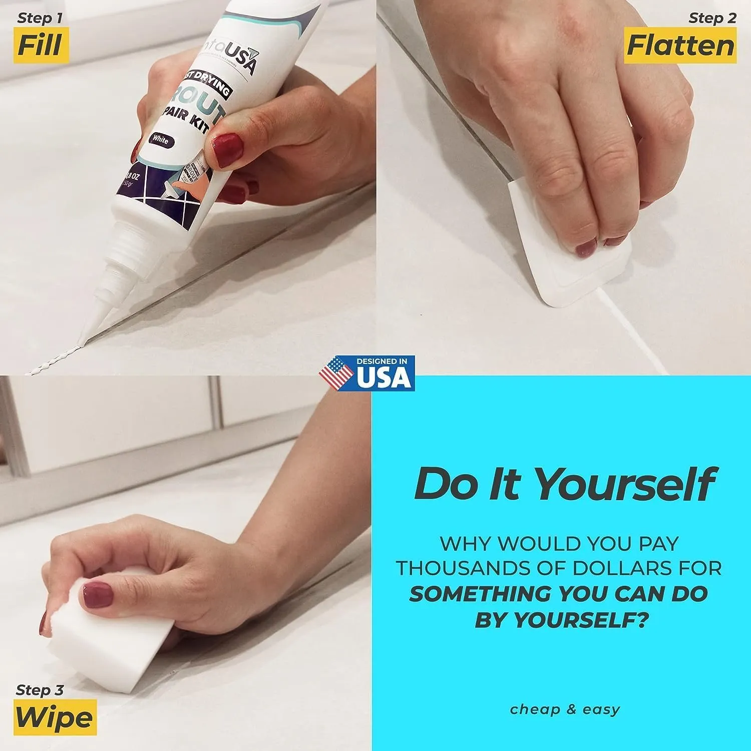 PentaUSA Tile Grout Repair Kit - White Grout Filler, Triple Protection, Fast Drying Formula Restores and Renews Grout Lines with Scraper (White, 8.8oz / 250gr)