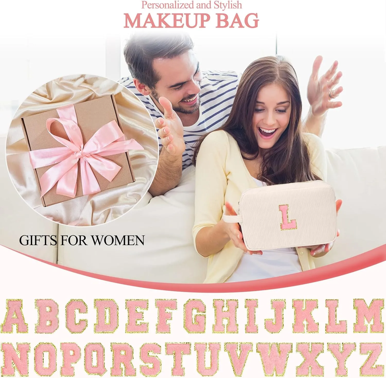 Personalized Initial Cute Makeup Bag Trendy Stuff Beige Cosmetic Bag Travel Toiletry Bag, Mother's Day/Birthday/Graduation Gifts for Women, Mom, Girlfriend, Wife Makeup Organizer Case for Girls - E