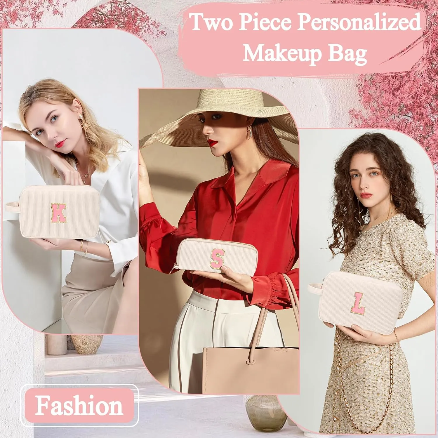 Personalized Initial Cute Makeup Bag Trendy Stuff Beige Cosmetic Bag Travel Toiletry Bag, Mother's Day/Birthday/Graduation Gifts for Women, Mom, Girlfriend, Wife Makeup Organizer Case for Girls - E