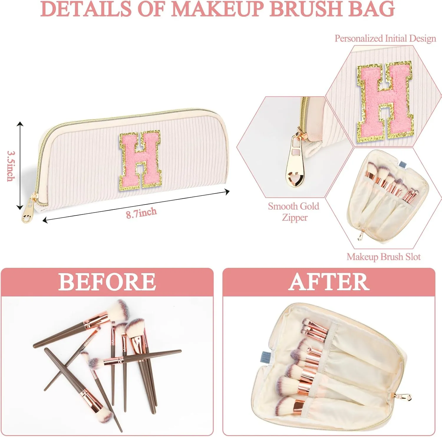 Personalized Initial Cute Makeup Bag Trendy Stuff Beige Cosmetic Bag Travel Toiletry Bag, Mother's Day/Birthday/Graduation Gifts for Women, Mom, Girlfriend, Wife Makeup Organizer Case for Girls - E