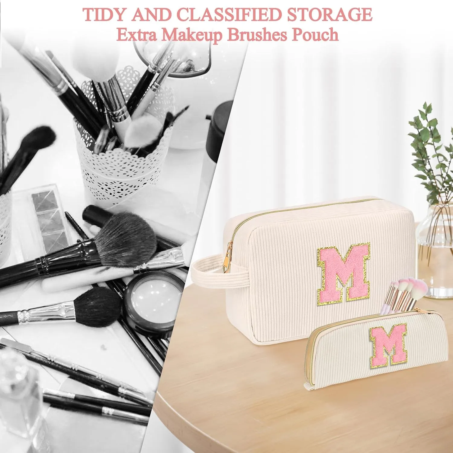 Personalized Initial Cute Makeup Bag Trendy Stuff Beige Cosmetic Bag Travel Toiletry Bag, Mother's Day/Birthday/Graduation Gifts for Women, Mom, Girlfriend, Wife Makeup Organizer Case for Girls - E