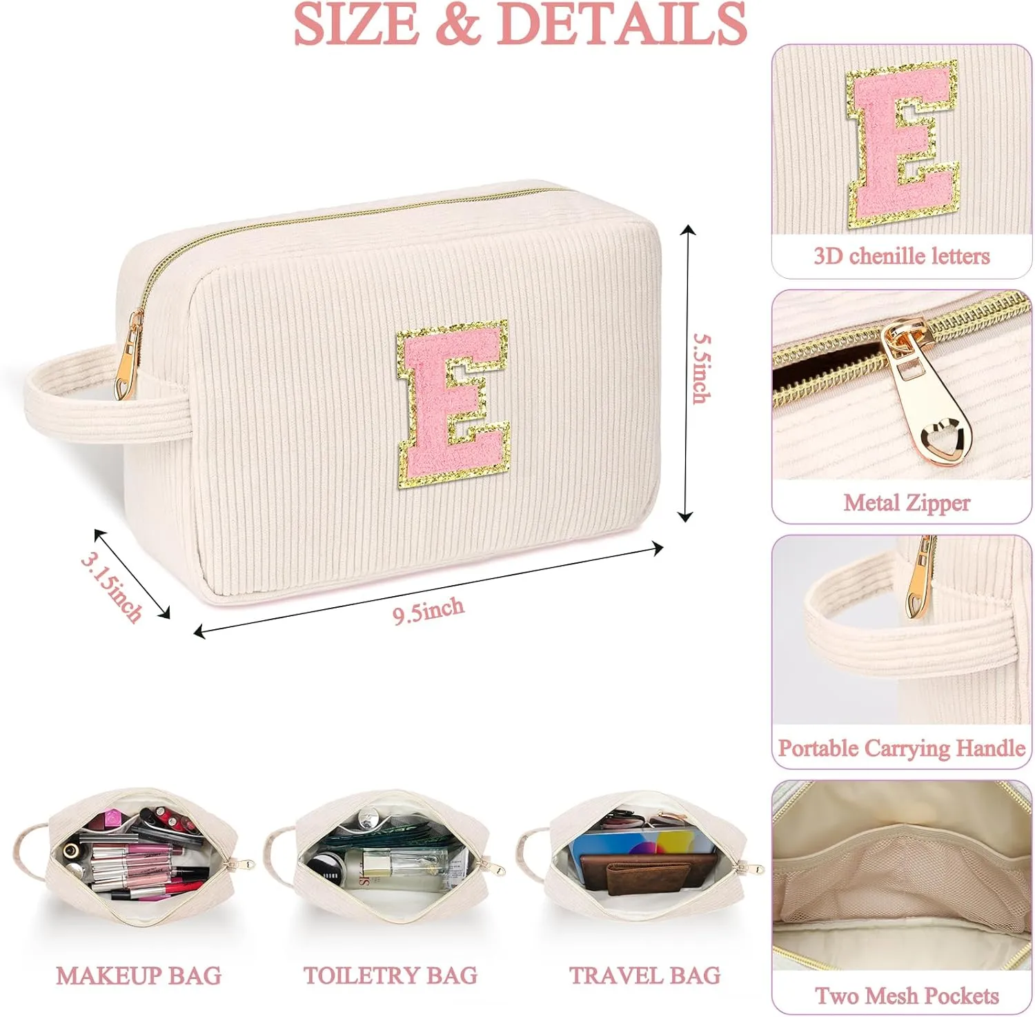 Personalized Initial Cute Makeup Bag Trendy Stuff Beige Cosmetic Bag Travel Toiletry Bag, Mother's Day/Birthday/Graduation Gifts for Women, Mom, Girlfriend, Wife Makeup Organizer Case for Girls - E