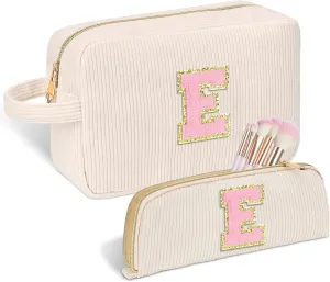 Personalized Initial Cute Makeup Bag Trendy Stuff Beige Cosmetic Bag Travel Toiletry Bag, Mother's Day/Birthday/Graduation Gifts for Women, Mom, Girlfriend, Wife Makeup Organizer Case for Girls - E