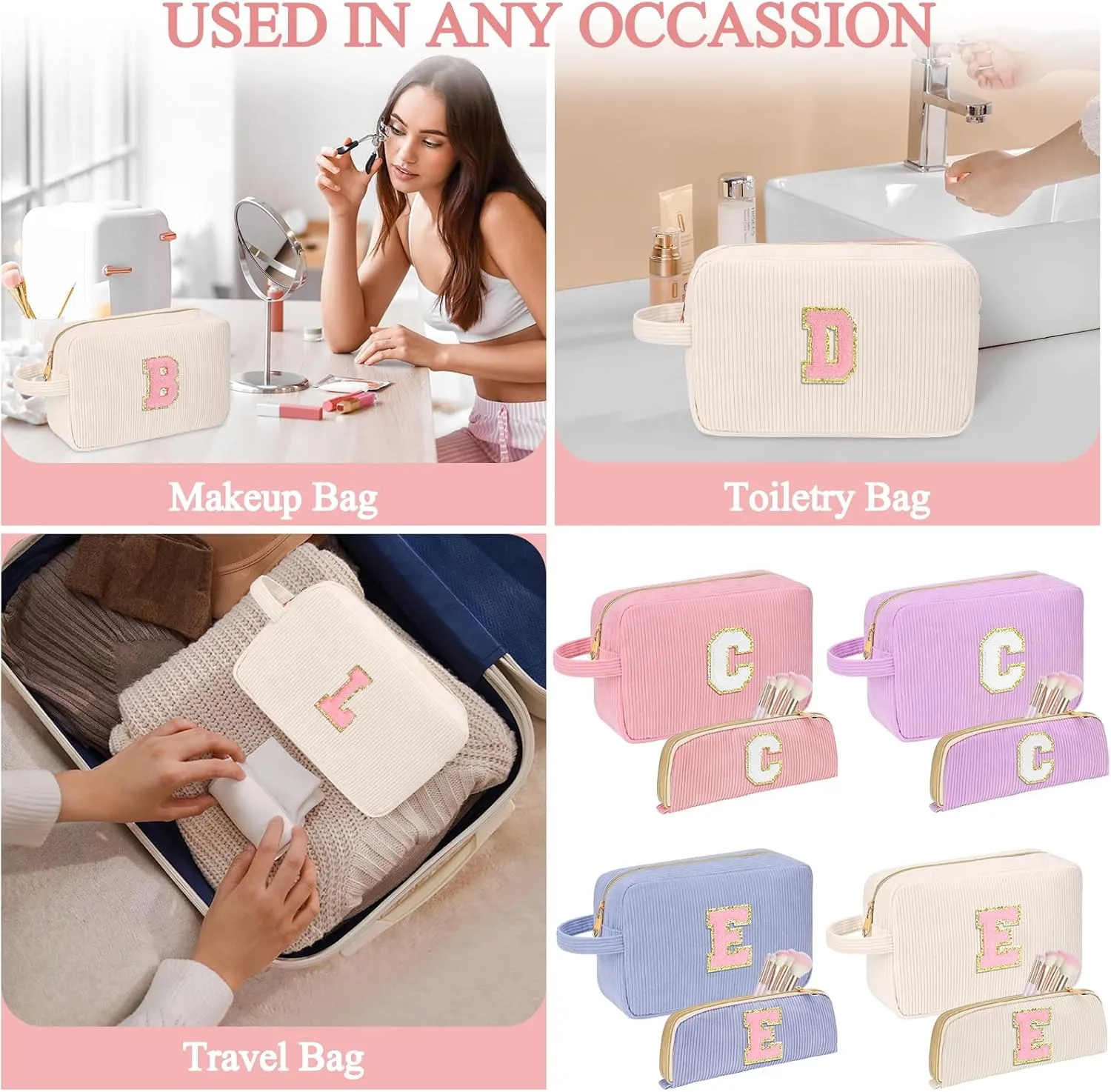 Personalized Initial Cute Makeup Bag Trendy Stuff Beige Cosmetic Bag Travel Toiletry Bag, Mother's Day/Birthday/Graduation Gifts for Women, Mom, Girlfriend, Wife Makeup Organizer Case for Girls - E