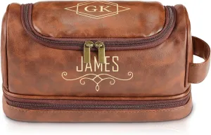 Personalized Toiletry Bag for Men, Birthday gifts for men, Travel Gifts for Him, Leather Shaving Bathroom Bag, Groomsmen Gifts, Engraved with Name & Initial, Bathroom Toiletries Organizer Cosmetic Bag