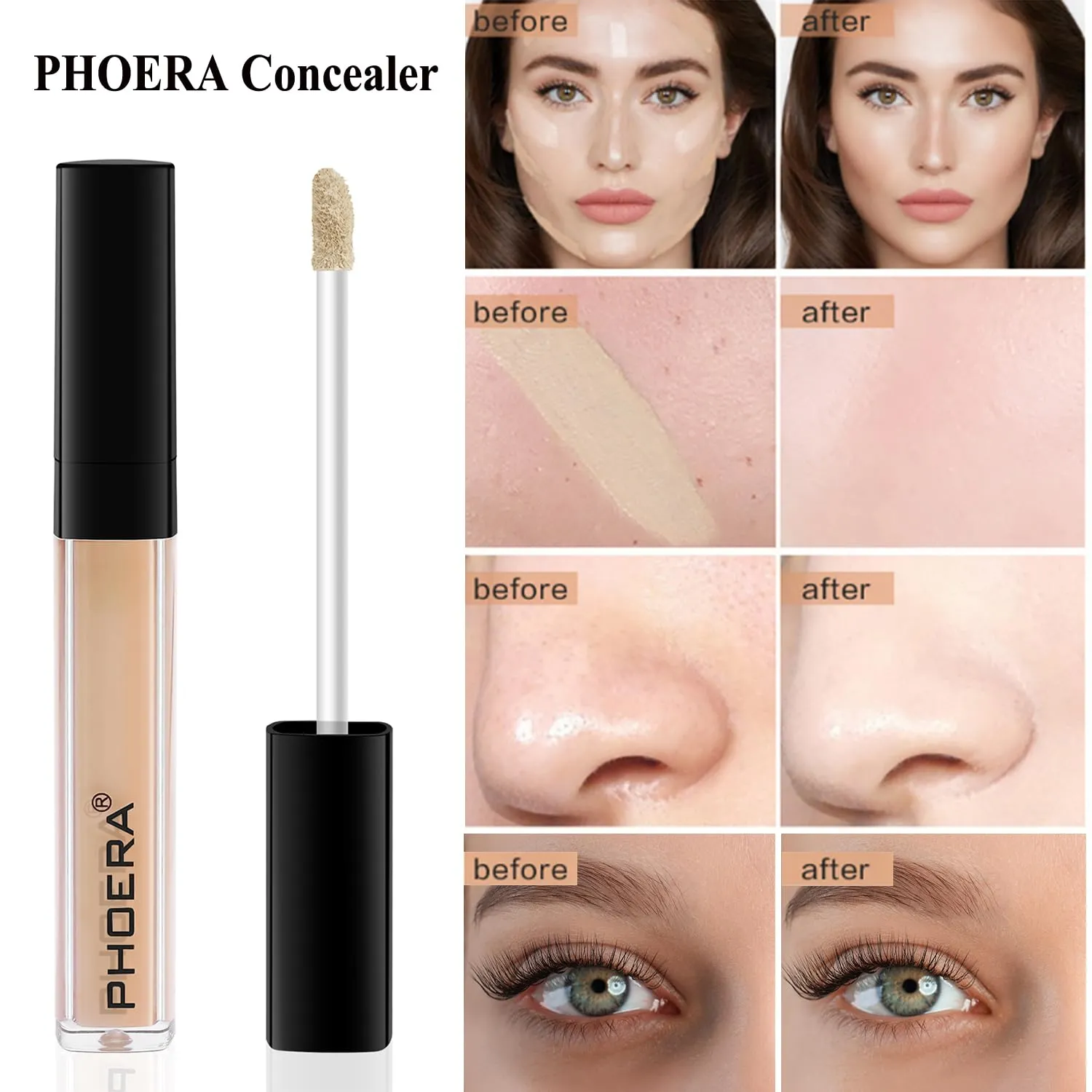 PHOERA Foundation,3 PCS Contour Stick Makeup Kit, Shades with Highlighter Stick, Blush Stick and Bronzer Contour Stick for Sculpt the Cheeks (104 105 Light-Medium Contour/Buff Beige Sand #02,#10,#12)