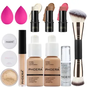 PHOERA Foundation,3 PCS Contour Stick Makeup Kit, Shades with Highlighter Stick, Blush Stick and Bronzer Contour Stick for Sculpt the Cheeks (104 105 Light-Medium Contour/Buff Beige Sand #02,#10,#12)