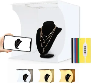 Photo Light Box 12" Portable Folding Photography Light Tent kit with White Light Warm Light and 6 Kinds Color Backgrounds for Small Size Items (12 inch - White)