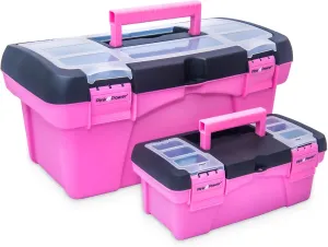 Pink Power Pink Tool Box for Women - Sewing, Art & Craft Organizer Box Small & Large Plastic Tool Box with Handle - Pink Toolbox Sewing Box Tool Storage Box - Portable Mini Locking Tool Boxes (2 Pack)