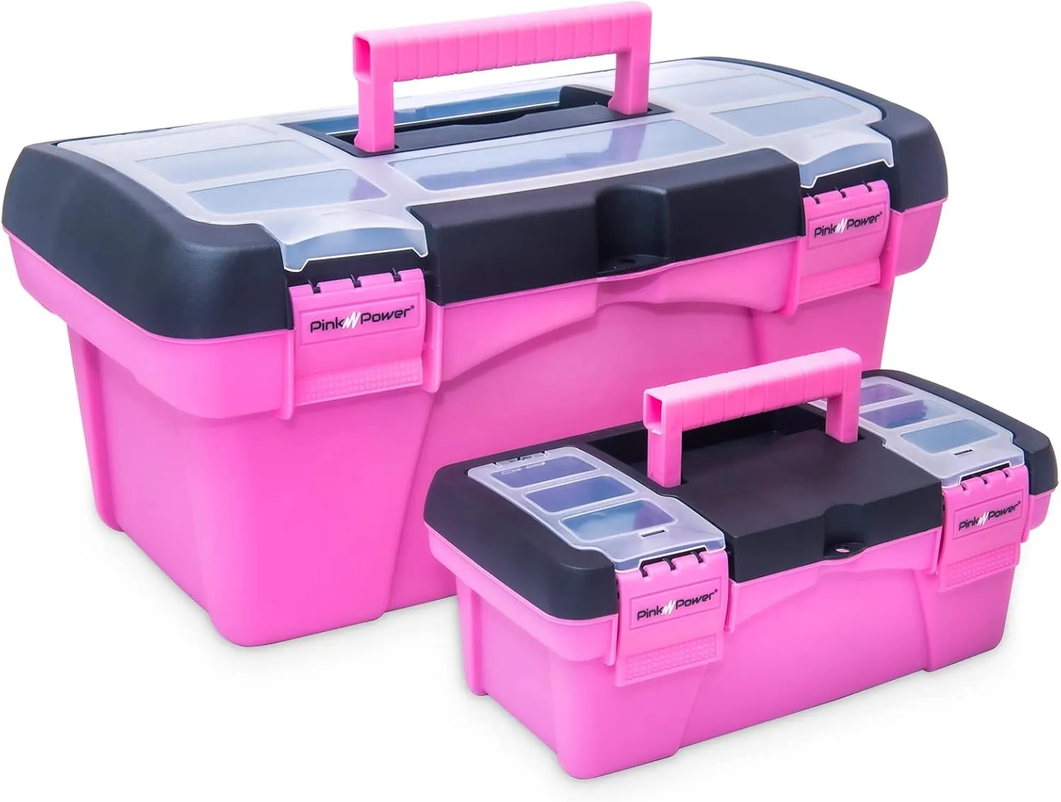Pink Power Pink Tool Box for Women - Sewing, Art & Craft Organizer Box Small & Large Plastic Tool Box with Handle - Pink Toolbox Sewing Box Tool Storage Box - Portable Mini Locking Tool Boxes (2 Pack)