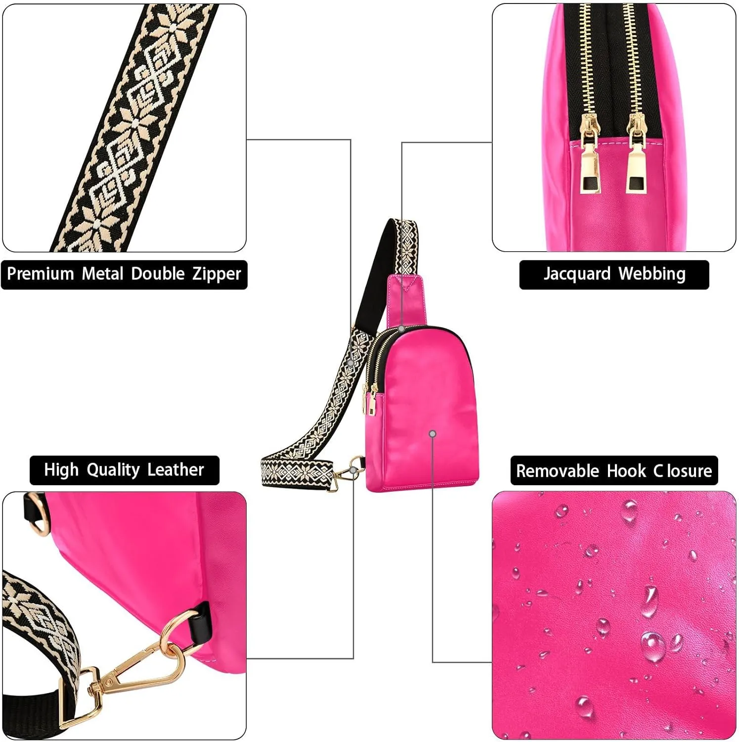 Pink Sling Bag for Women Men Fanny Packs Small Crossbody Bags for Women Leather Crossbody Purse Belt Bag Waterproof Chest Bag for Travel Hiking Sports Running