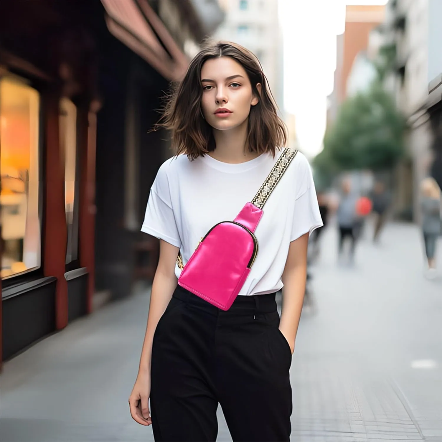 Pink Sling Bag for Women Men Fanny Packs Small Crossbody Bags for Women Leather Crossbody Purse Belt Bag Waterproof Chest Bag for Travel Hiking Sports Running