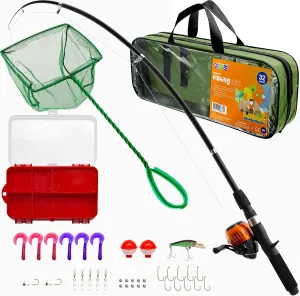 Play22 Fishing Pole For Kids - 32 Set Kids Fishing Rod Combos - Kids Fishing Poles Includes Fishing Tackle, Fishing Gear, Fishing Lures, Net, Carry On Bag, Fully Fishing Equipment - For Boys And Girls