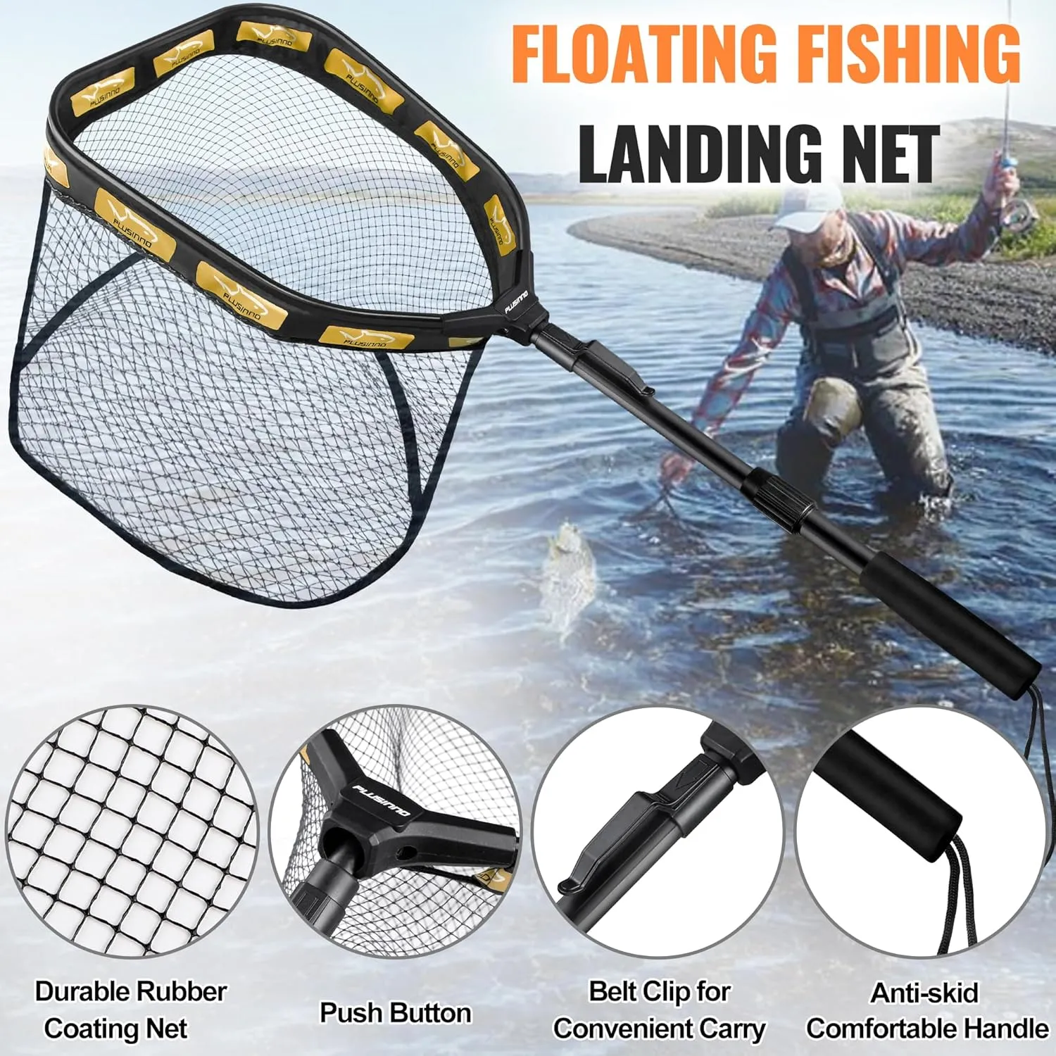 PLUSINNO Floating Fishing Net for Steelhead, Salmon, Fly, Kayak, Catfish, Bass, Trout Fishing, Rubber Coated Landing Net for Easy Catch & Release, Compact & Foldable for Easy Transportation & Storage