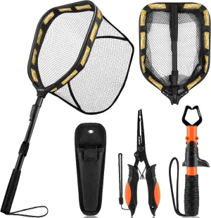 PLUSINNO Floating Fishing Net for Steelhead, Salmon, Fly, Kayak, Catfish, Bass, Trout Fishing, Rubber Coated Landing Net for Easy Catch & Release, Compact & Foldable for Easy Transportation & Storage