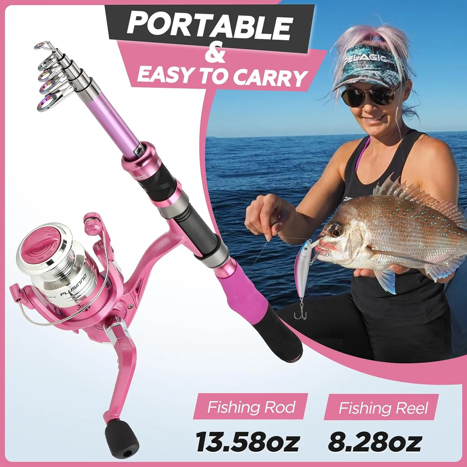 PLUSINNO Ladies Pink Telescopic Fishing Rod and Reel