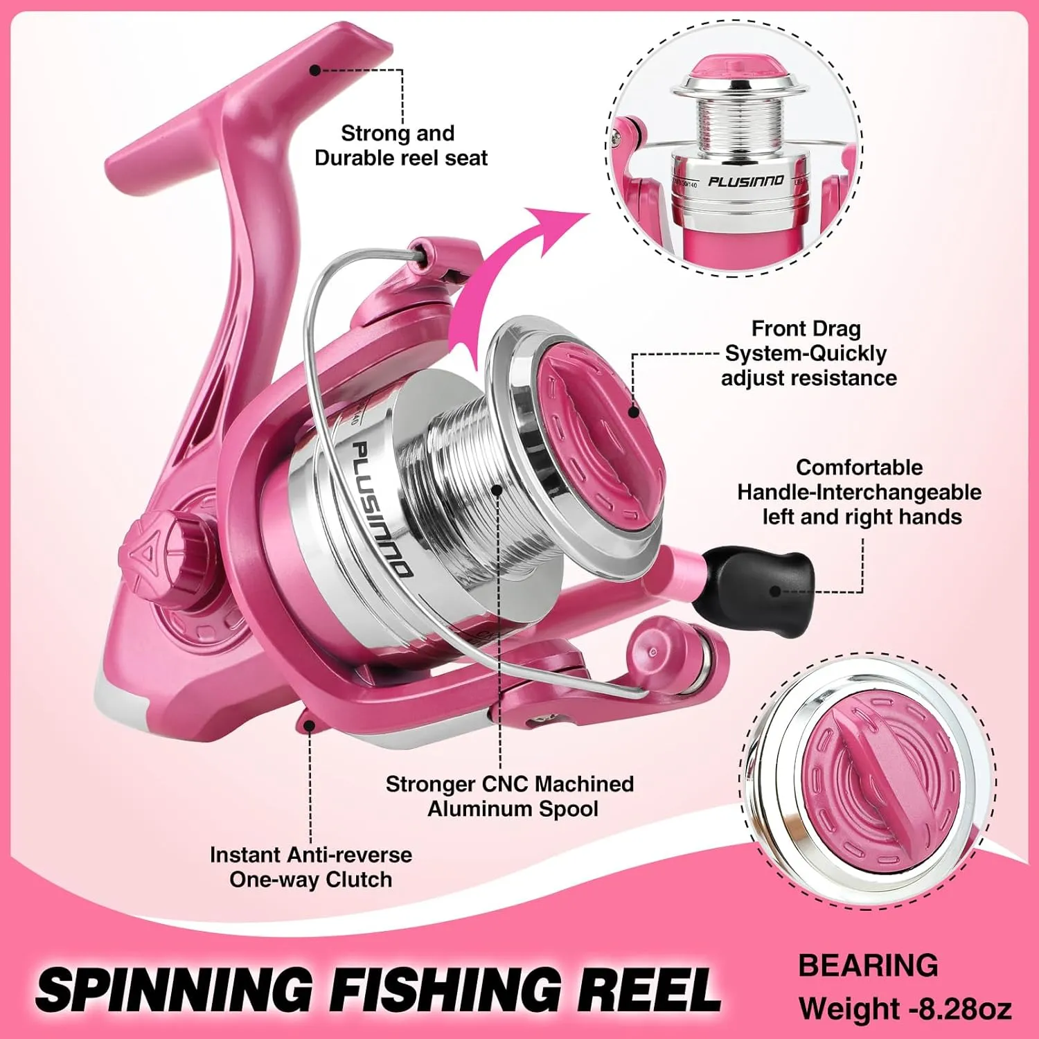 PLUSINNO Ladies Pink Telescopic Fishing Rod and Reel