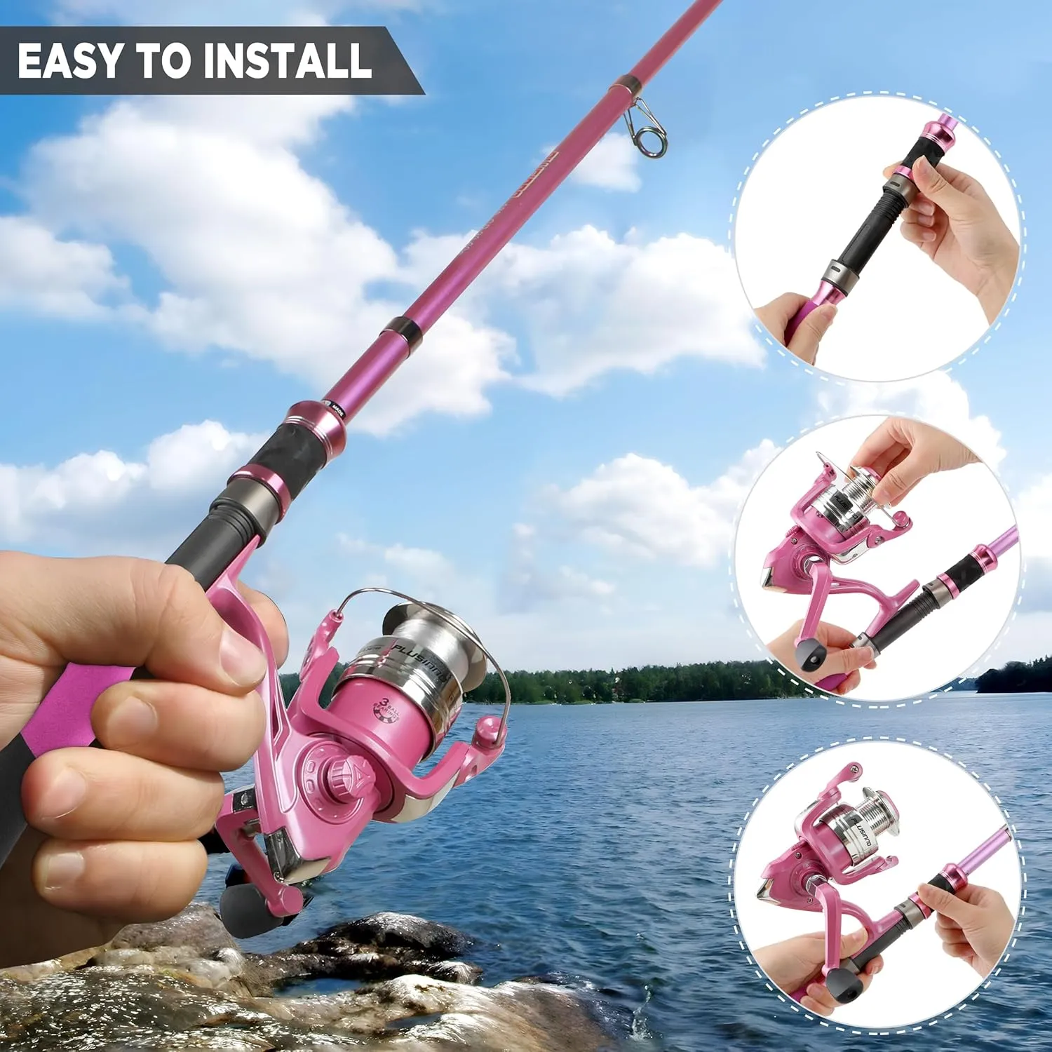 PLUSINNO Ladies Pink Telescopic Fishing Rod and Reel