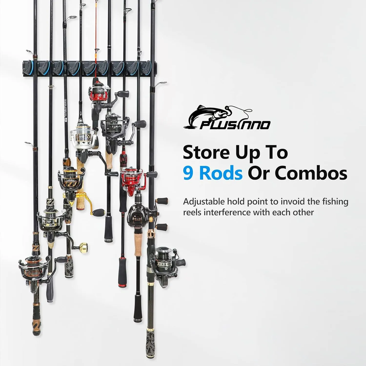 PLUSINNO Vertical Fishing Rod Holder, Wall Mounted Fishing Rod Rack, Fishing Pole Holder Holds Up to 9 Rods or Combos, Fishing Rod Holders for Garage, Fits Most Rods of Diameter 3-19mm