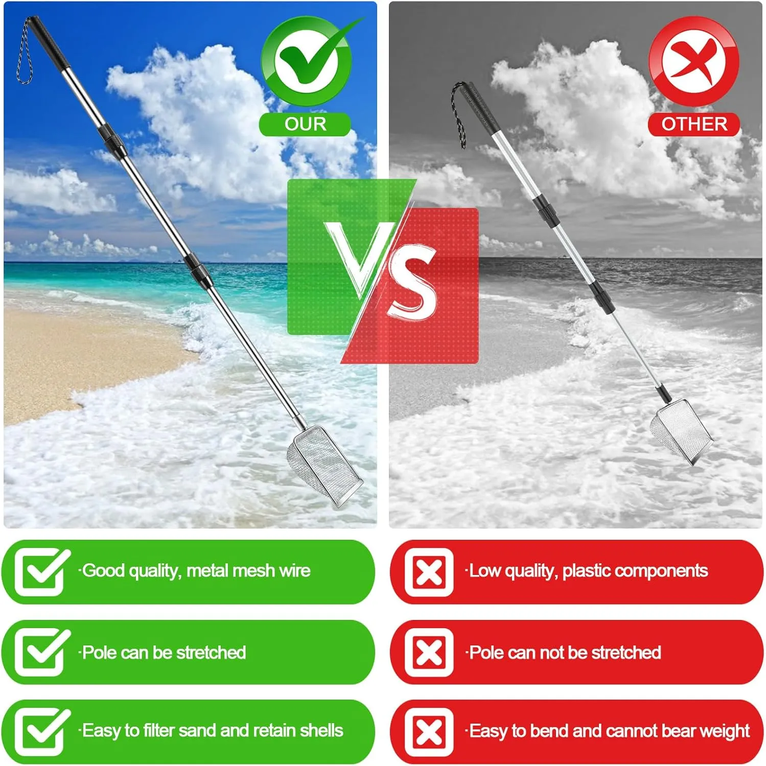 POILKMNI New Upgraded 2 Pcs Shark Tooth Sifter, Beach Sand Sifter, Sand Scoop Shell Scooper for Beach Scoop Shovel Sifter Tool for Picking Up Shells, Shark Tooth Sifter Dipper