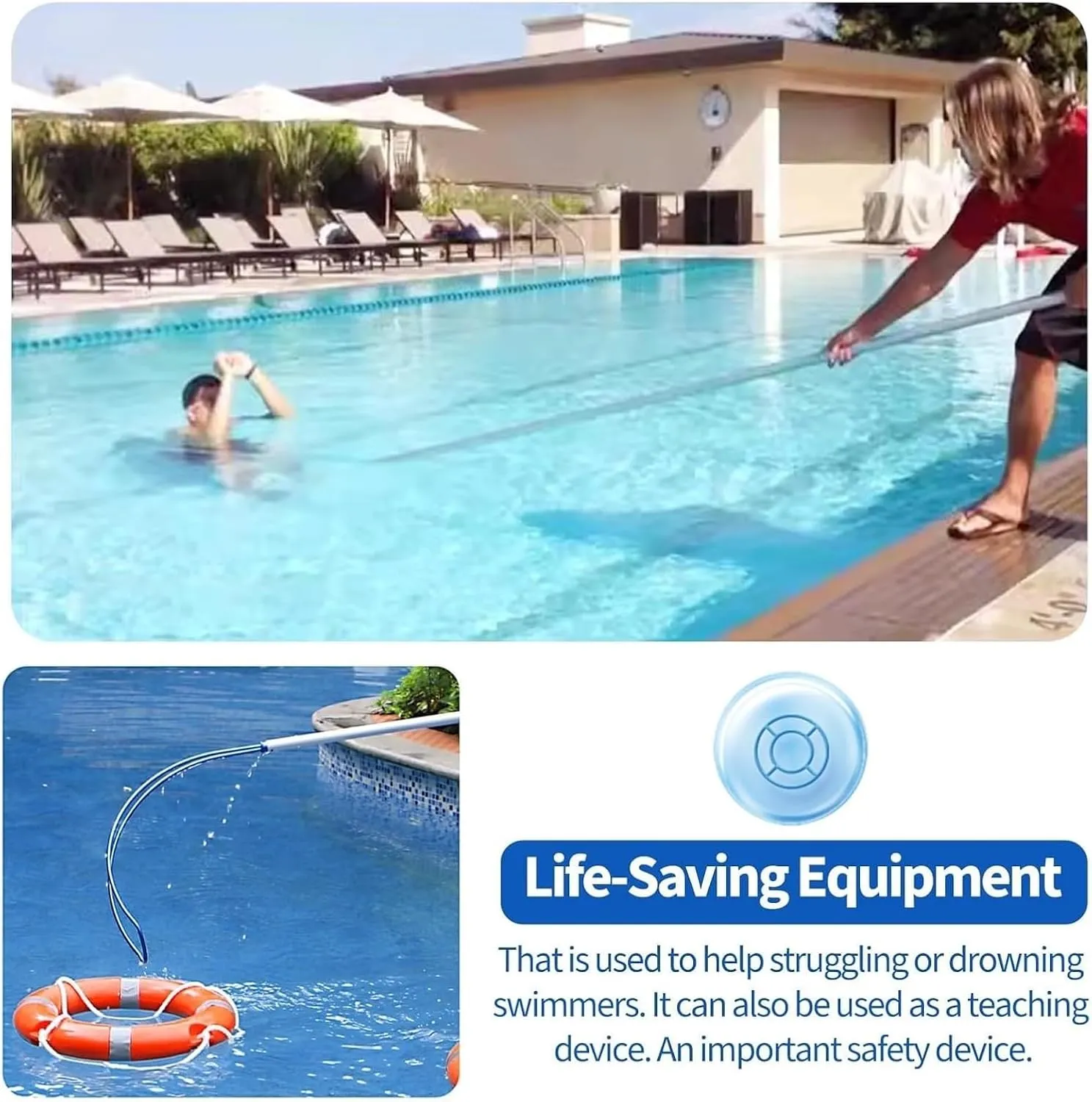 Pool Safety Hook,Swimming Pool Safety Hook, Aluminum Telescopic Pool Rescues Hook With Pole Swimming Safety Hook Pool Pole Life Saving Hook Rescues Equipment(Round Safety Hook 1m/3.3ft Telescopic Rod)