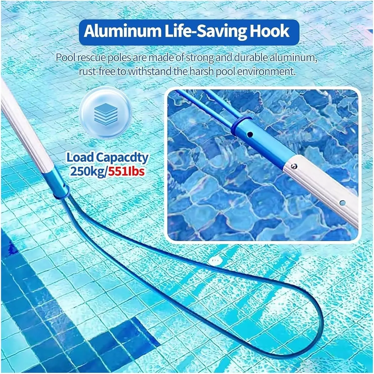 Pool Safety Hook,Swimming Pool Safety Hook, Aluminum Telescopic Pool Rescues Hook With Pole Swimming Safety Hook Pool Pole Life Saving Hook Rescues Equipment(Round Safety Hook 1m/3.3ft Telescopic Rod)