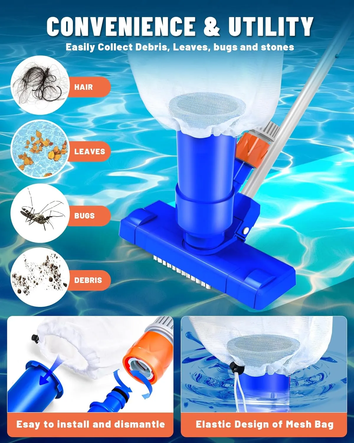 Pool Vacuum Cleaner for Above Ground Pool, Jet Underwater Cleaner with 3 Scrub Brushes & Nylon Mesh Net, Portable Pool Vacuum for Spa Fountain Pond Hot Tub Includes 47" Telescopic Pole, Dark Blue