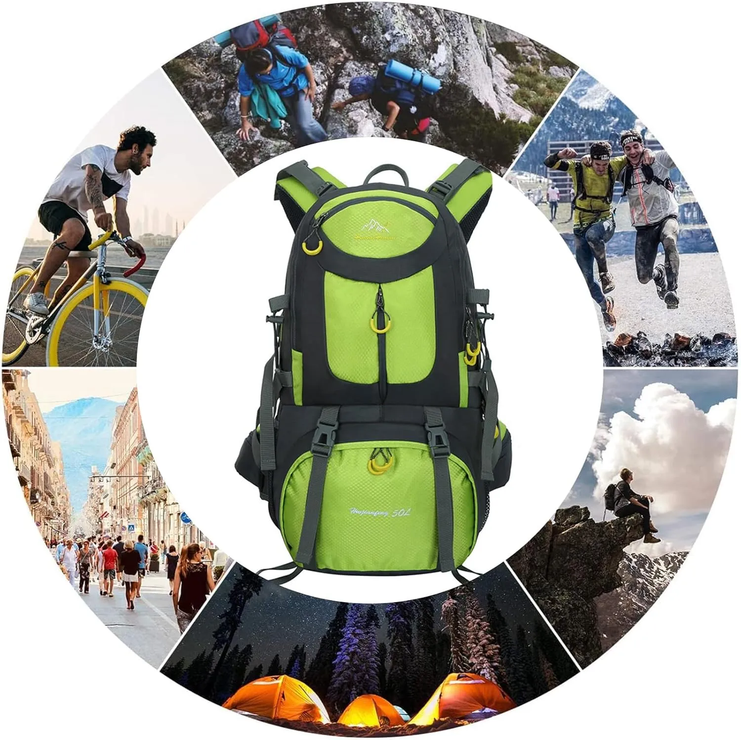 PORRASSO 50L Hiking Backpack Trekking Rucksack Waterproof Daypack Durable Backpack for Women Men Camping Cycling Climbing Outdoor Sports Green
