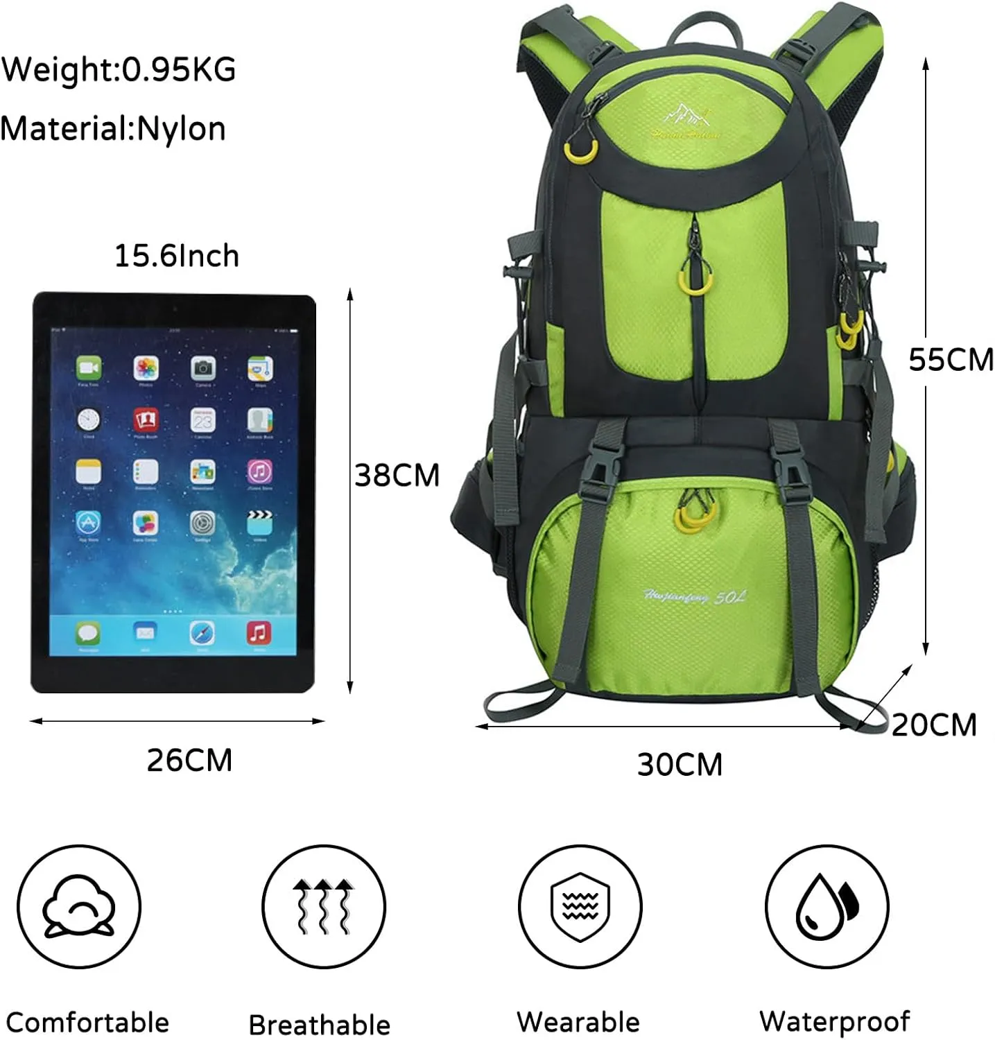 PORRASSO 50L Hiking Backpack Trekking Rucksack Waterproof Daypack Durable Backpack for Women Men Camping Cycling Climbing Outdoor Sports Green