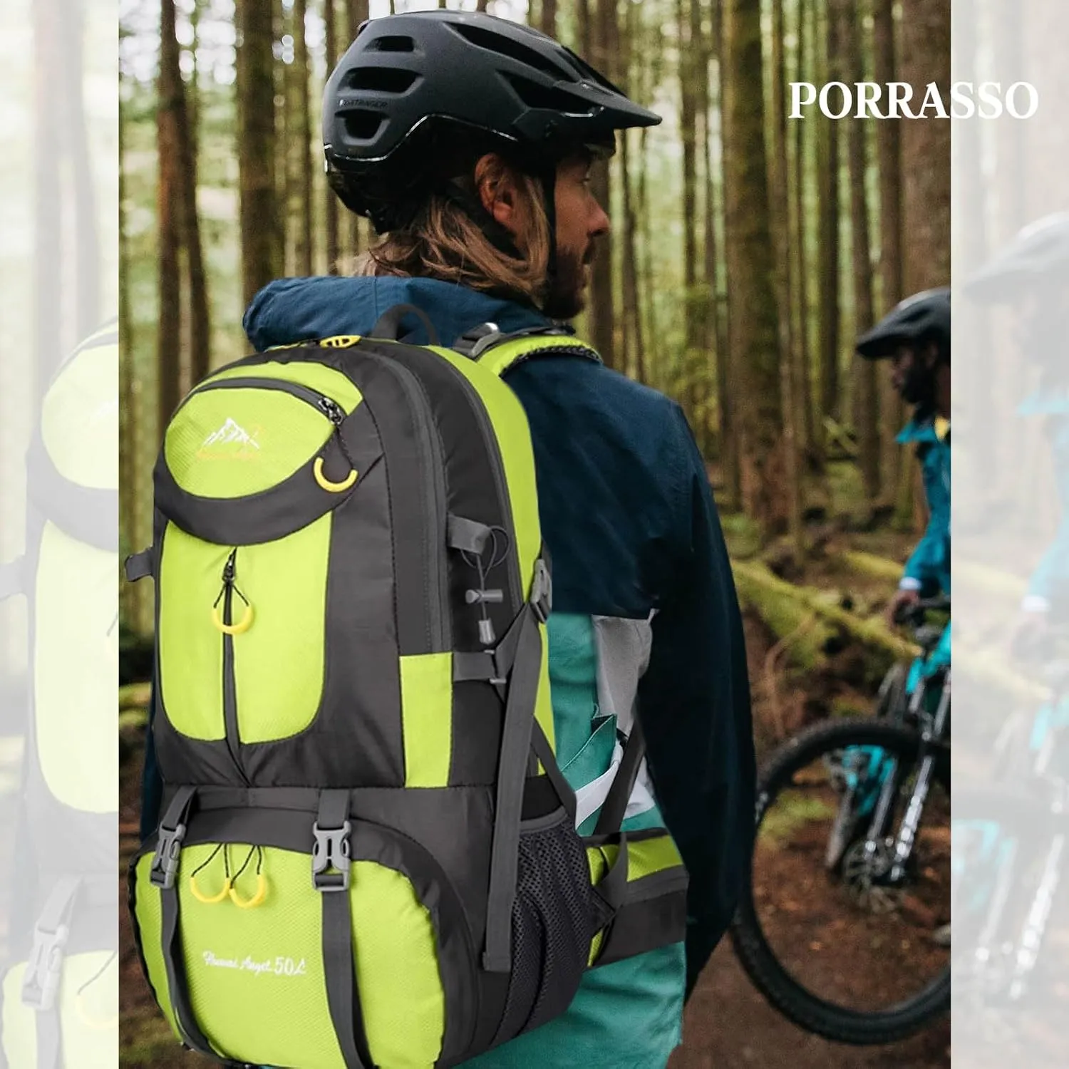 PORRASSO 50L Hiking Backpack Trekking Rucksack Waterproof Daypack Durable Backpack for Women Men Camping Cycling Climbing Outdoor Sports Green